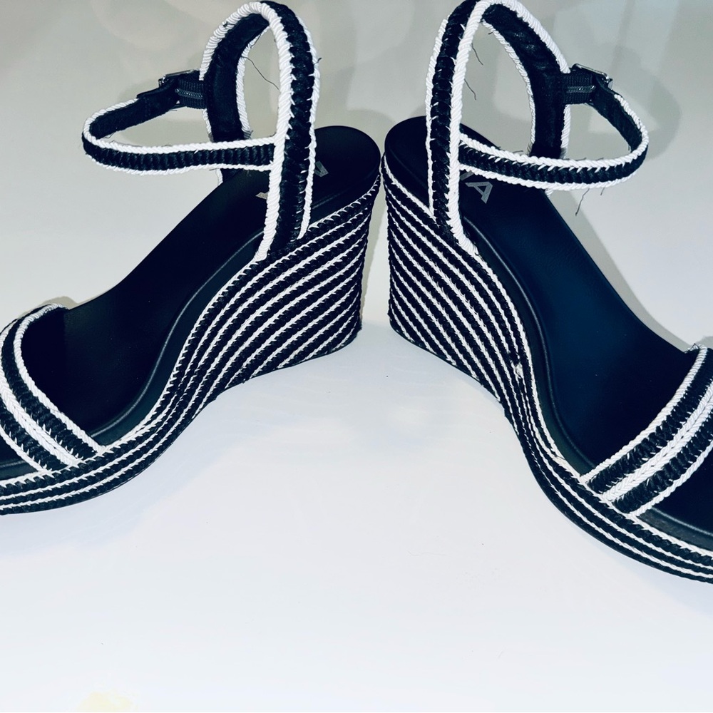 MIA Black and White Strappy Wedge Sandals